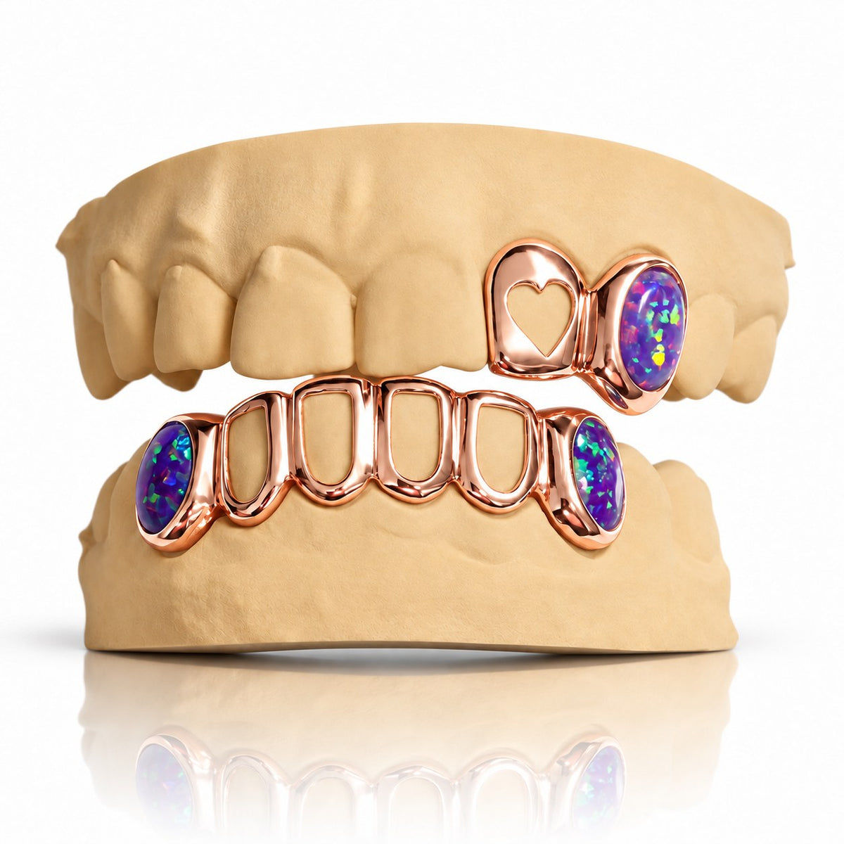 Custom top and bottom grillz set with purple opals, open heart and open face, rose gold plated 925 silver - angle 1