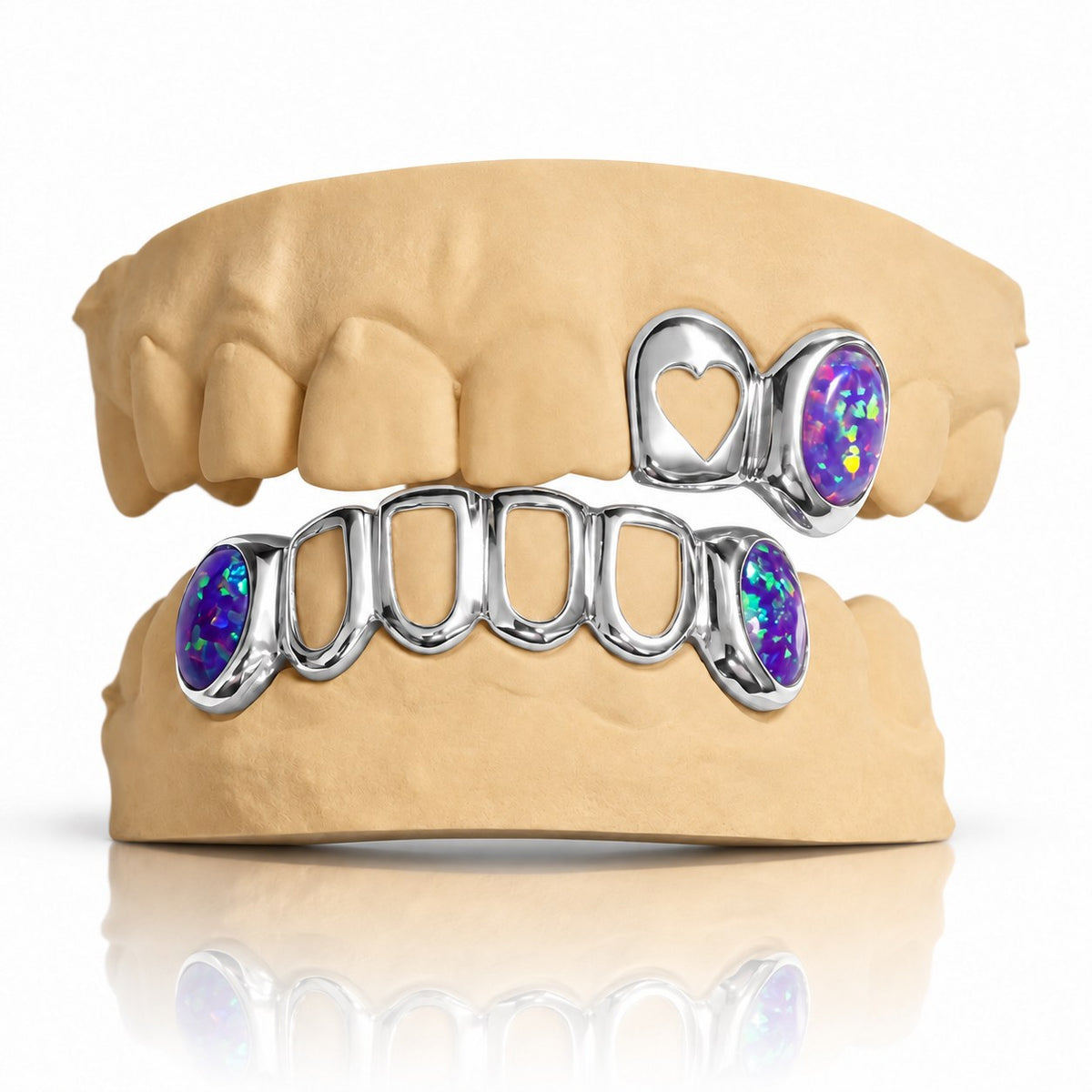 Custom top and bottom grillz set with purple opals, open heart and open face, white 925 sterling silver - angle 1