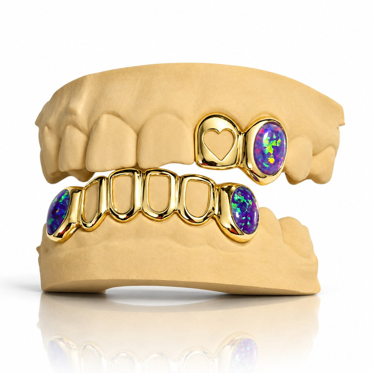 Custom top and bottom grillz set with purple opals, open heart and open face, yellow gold plated 925 silver - angle 2