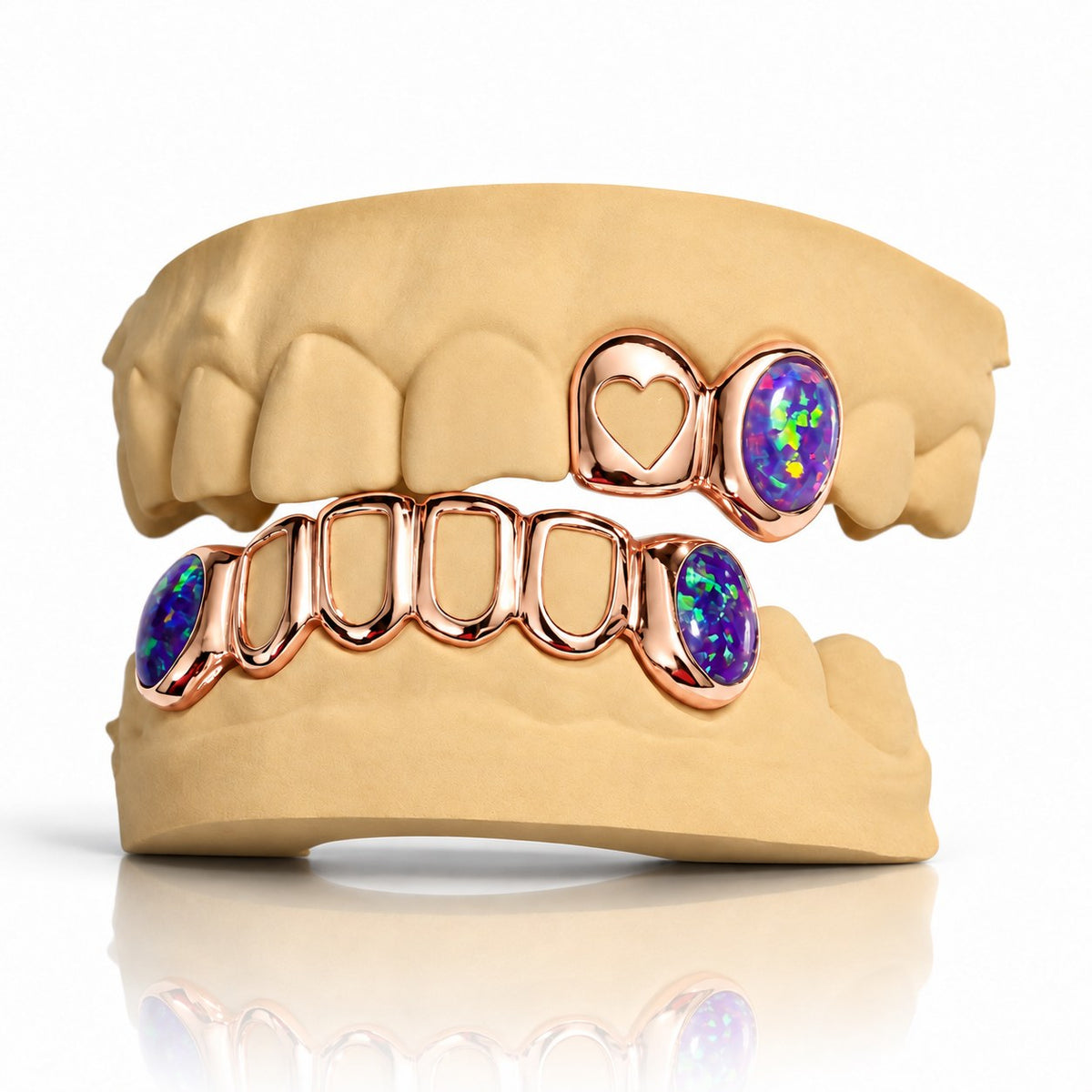 Custom top and bottom grillz set with purple opals, open heart and open face, rose gold plated 925 silver - angle 2