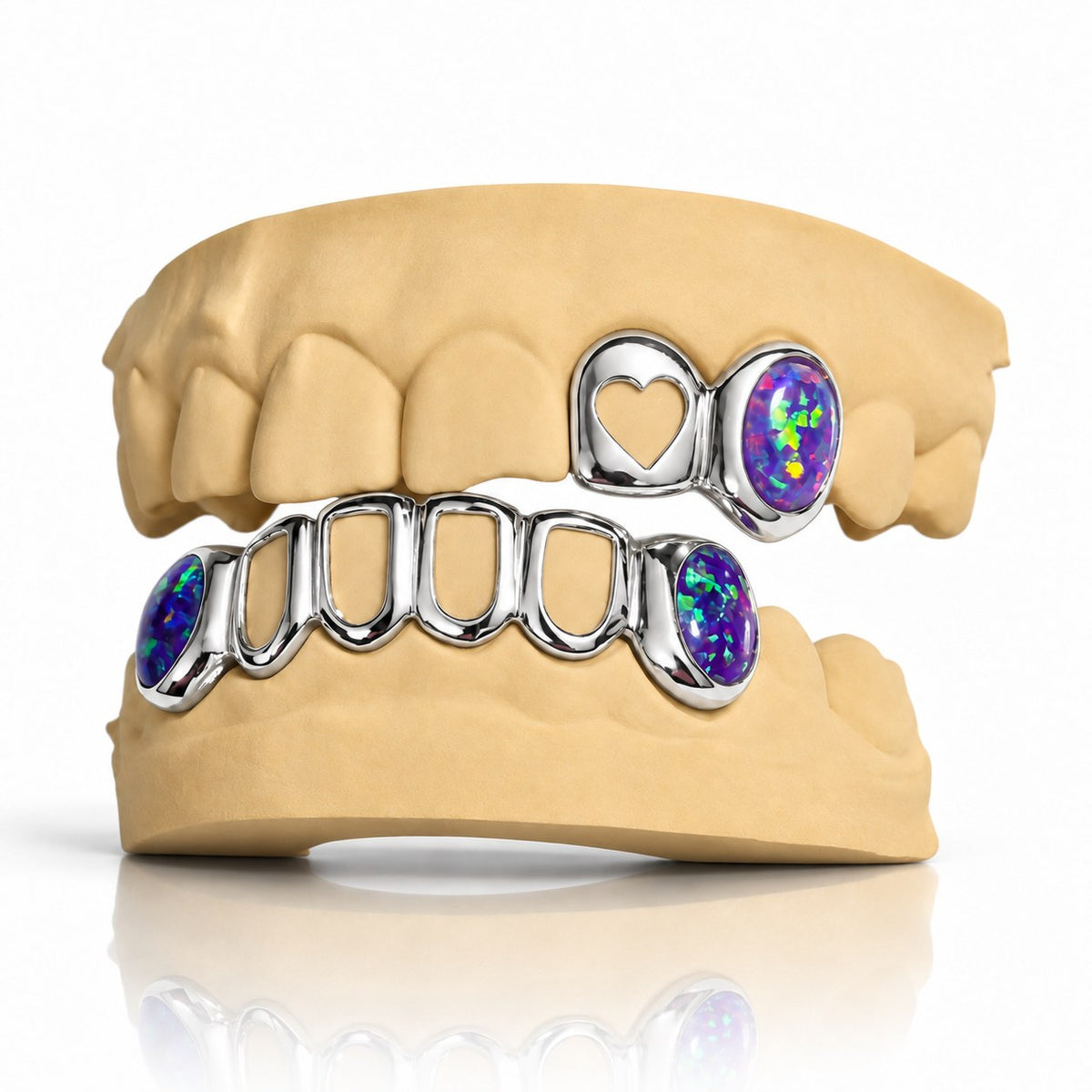 Custom top and bottom grillz set with purple opals, open heart and open face, white 925 sterling silver - angle 2
