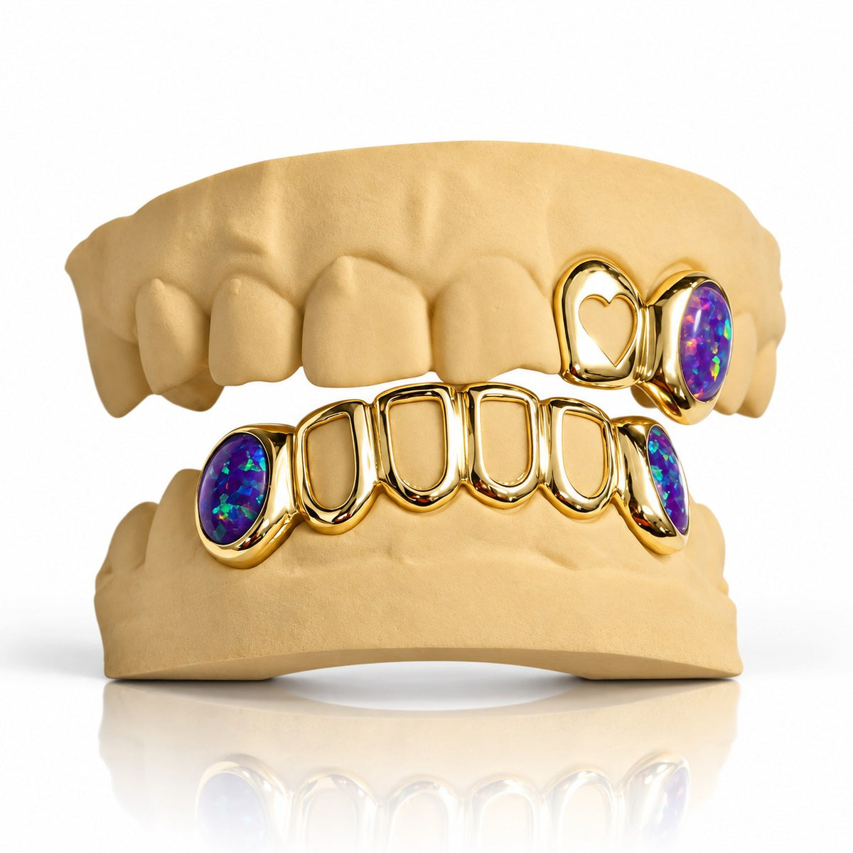 Custom top and bottom grillz set with purple opals, open heart and open face, yellow gold plated 925 silver - angle 3