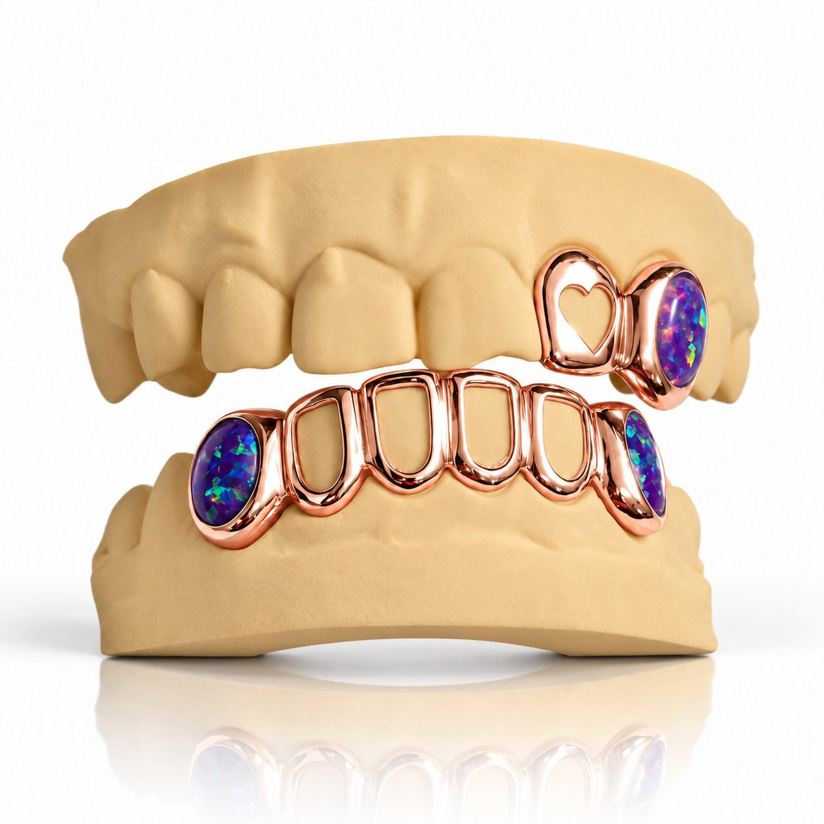 Custom top and bottom grillz set with purple opals, open heart and open face, rose gold plated 925 silver - angle 3