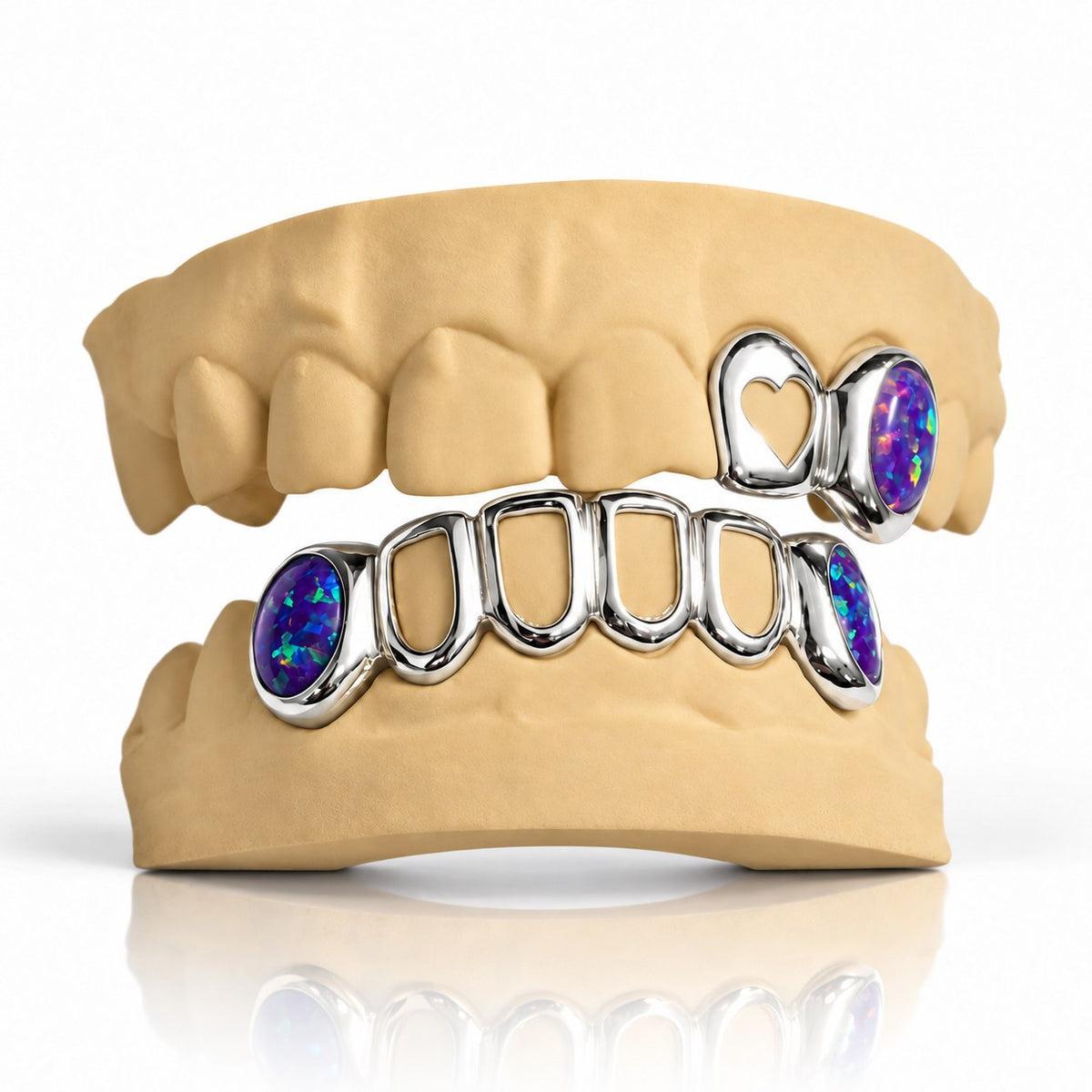 Custom top and bottom grillz set with purple opals, open heart and open face, white 925 sterling silver - angle 3