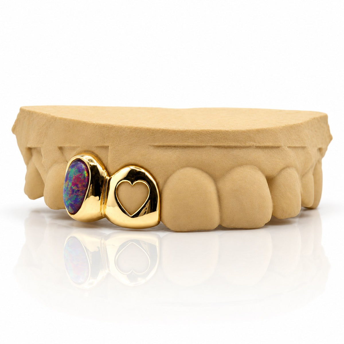 Custom 2pc top grillz with purple opal and heart cutout, yellow gold plated 925 silver - angle 1