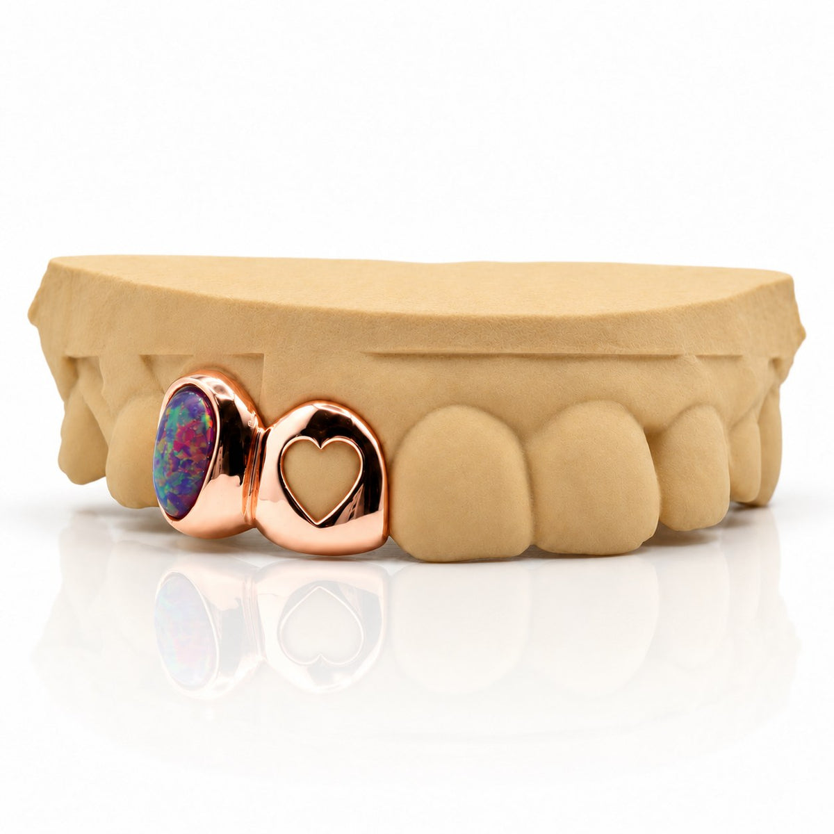 Custom 2pc top grillz with purple opal and heart cutout, rose gold plated 925 silver - angle 1
