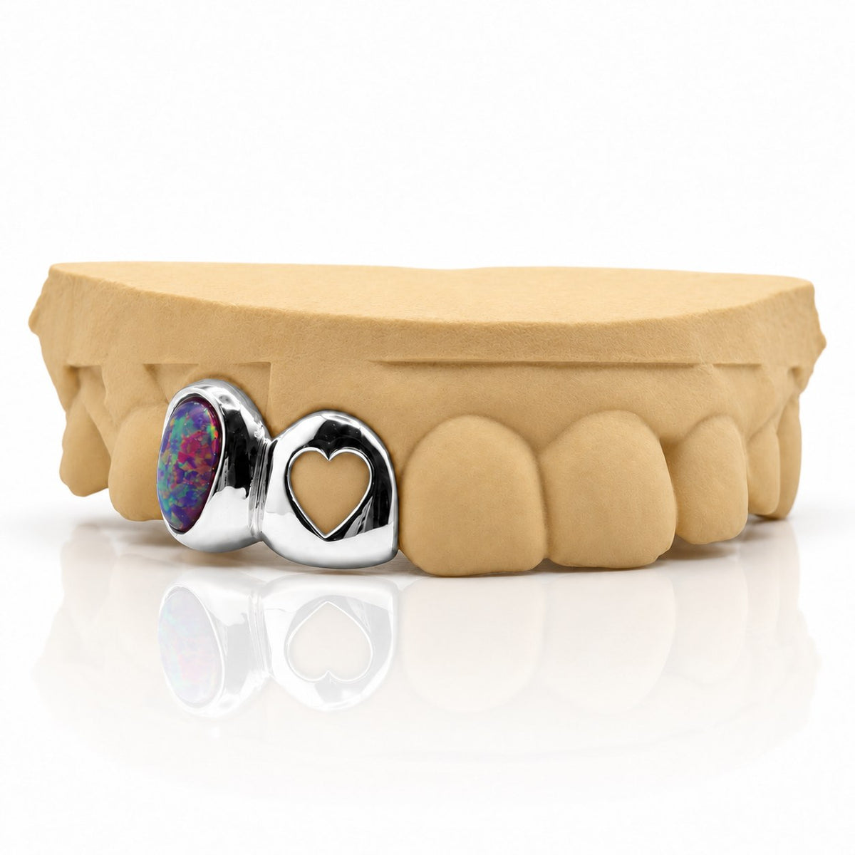 Custom 2pc top grillz with purple opal and heart cutout, white 925 sterling silver - angle 1