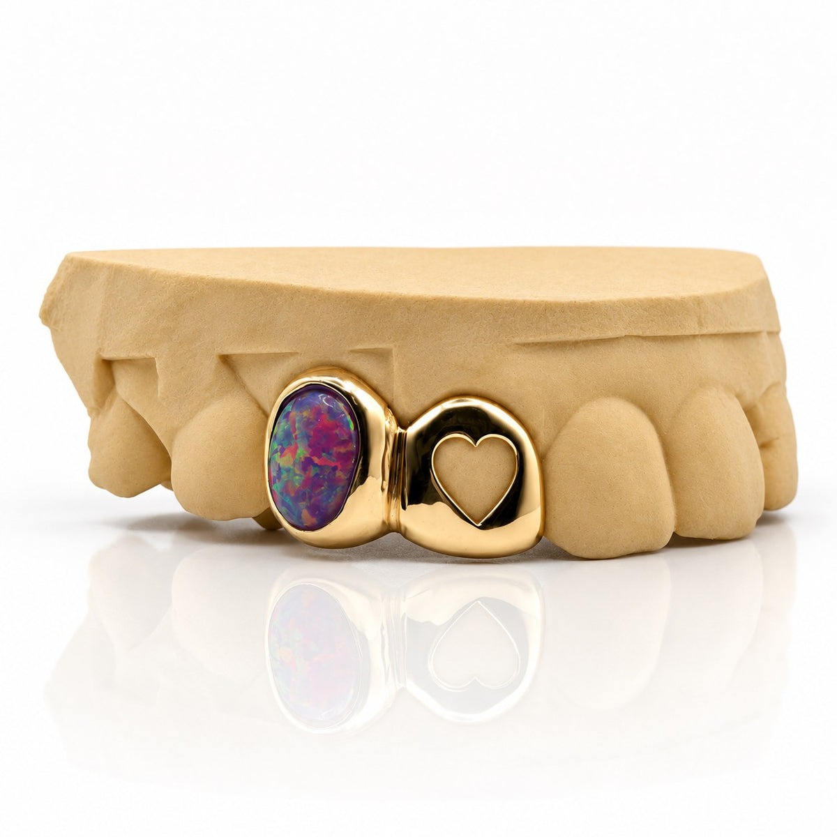 Custom 2pc top grillz with purple opal and heart cutout, yellow gold plated 925 silver - angle 2