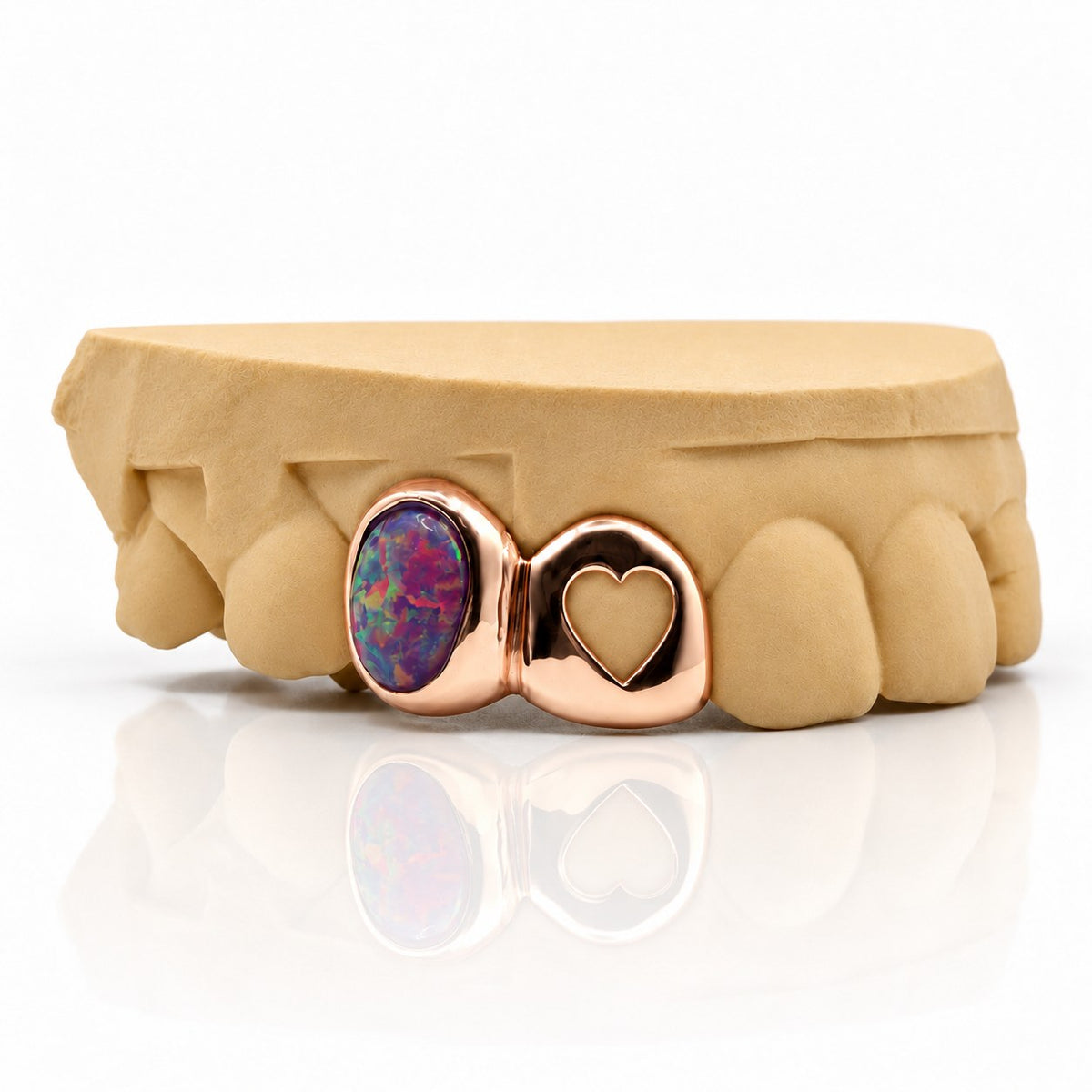 Custom 2pc top grillz with purple opal and heart cutout, rose gold plated 925 silver - angle 2