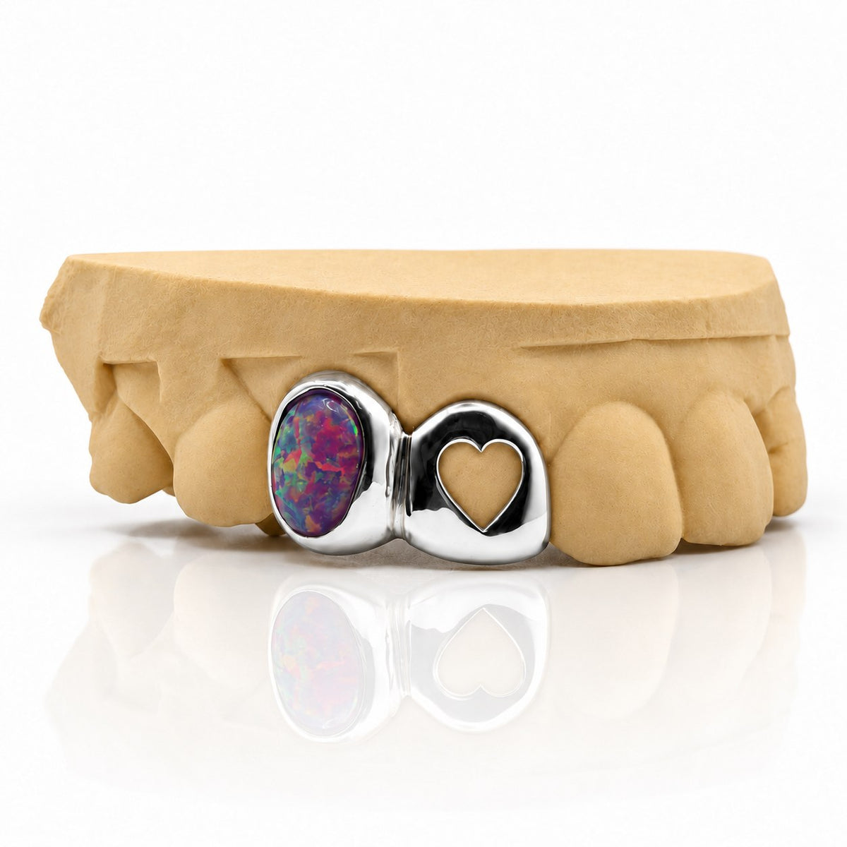 Custom 2pc top grillz with purple opal and heart cutout, white 925 sterling silver - angle 2