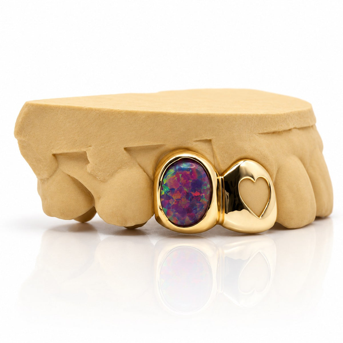 Custom 2pc top grillz with purple opal and heart cutout, yellow gold plated 925 silver - angle 3
