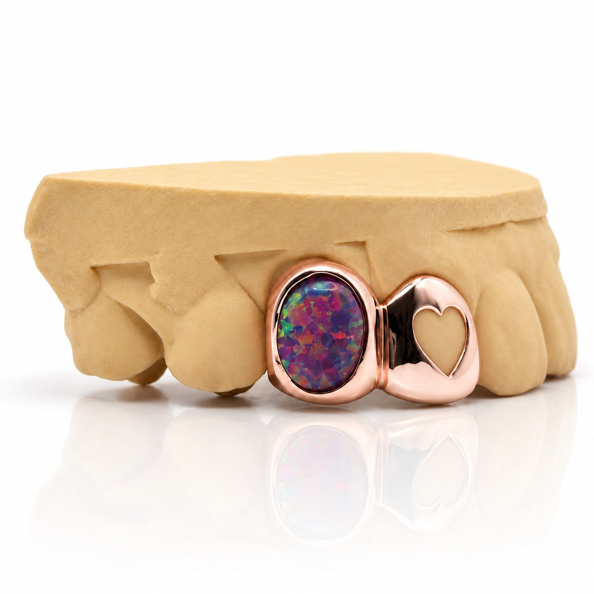 Custom 2pc top grillz with purple opal and heart cutout, rose gold plated 925 silver - angle 3