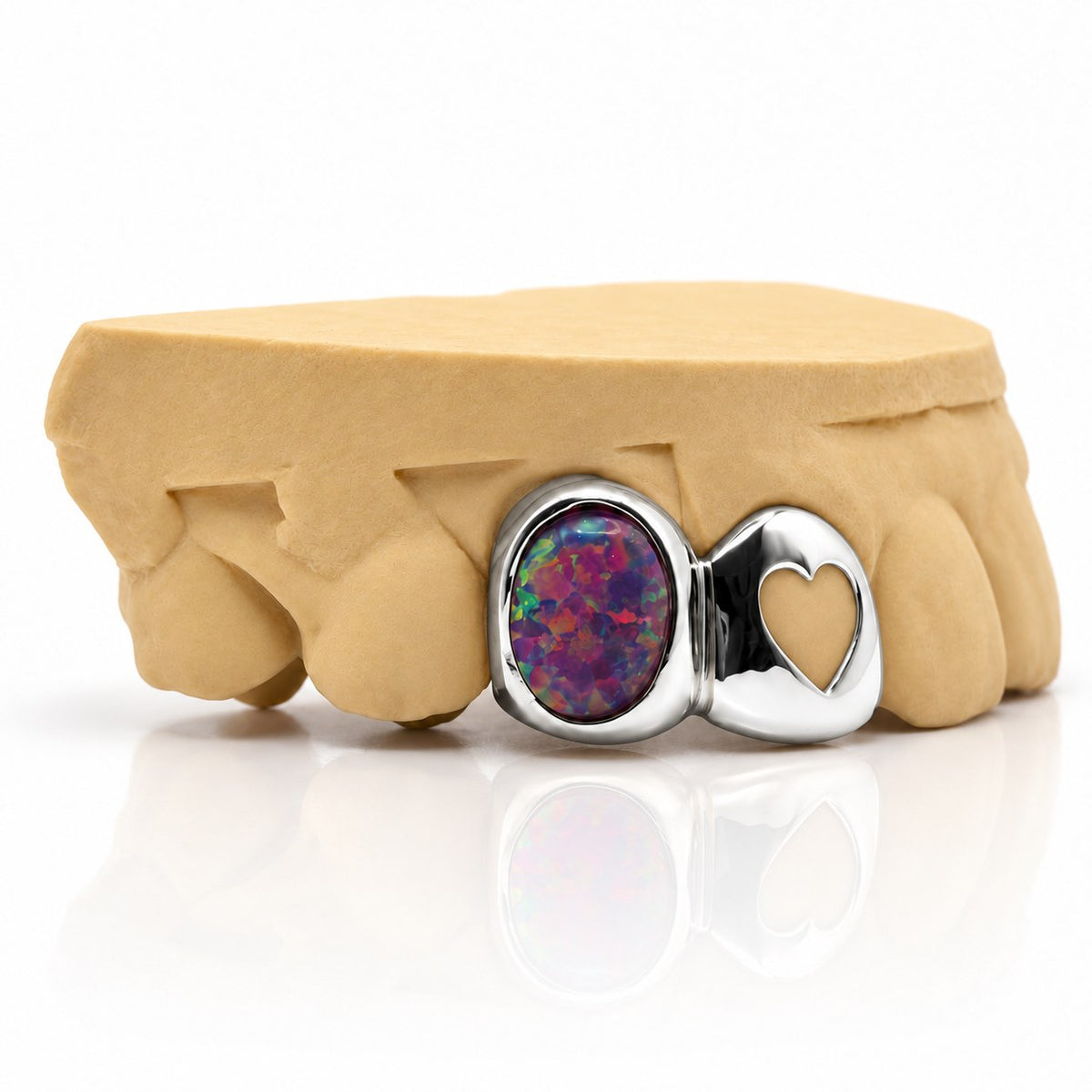 Custom 2pc top grillz with purple opal and heart cutout, white 925 sterling silver - angle 3