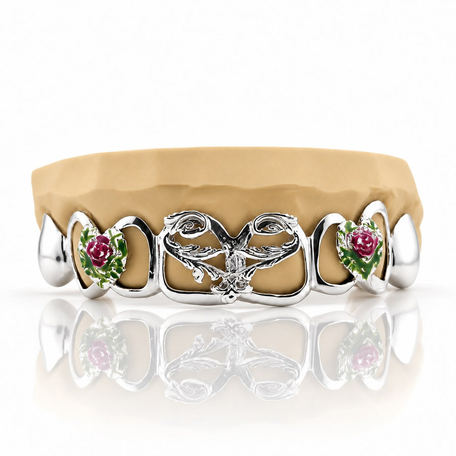 Custom 8pcs Enchanted Rose Vines Open Face Grillz: 925 Sterling Silver (Free Mold Kit)