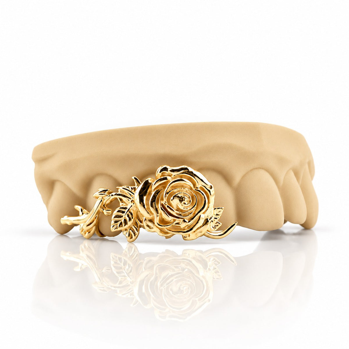 Custom 3pc top grillz with 3D rose and vine design, yellow gold plated 925 silver - angle 1
