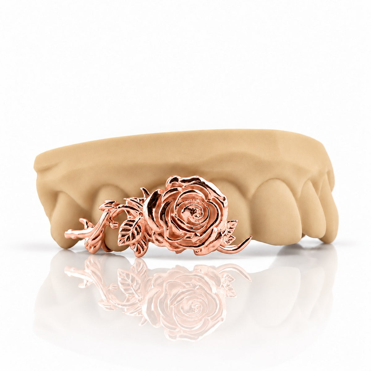 Custom 3pc top grillz with 3D rose and vine design, rose gold plated 925 silver - angle 1