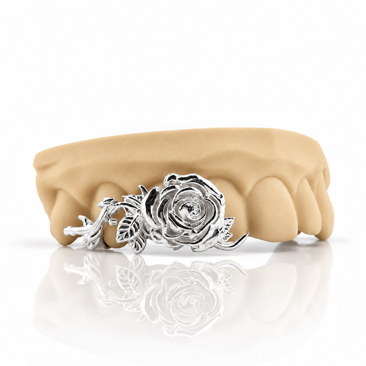 Custom 3pc top grillz with 3D rose and vine design, white 925 sterling silver - angle 1