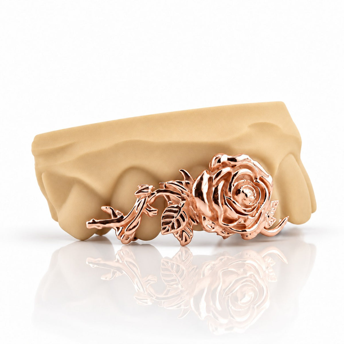 Custom 3pc top grillz with 3D rose and vine design, rose gold plated 925 silver - angle 2