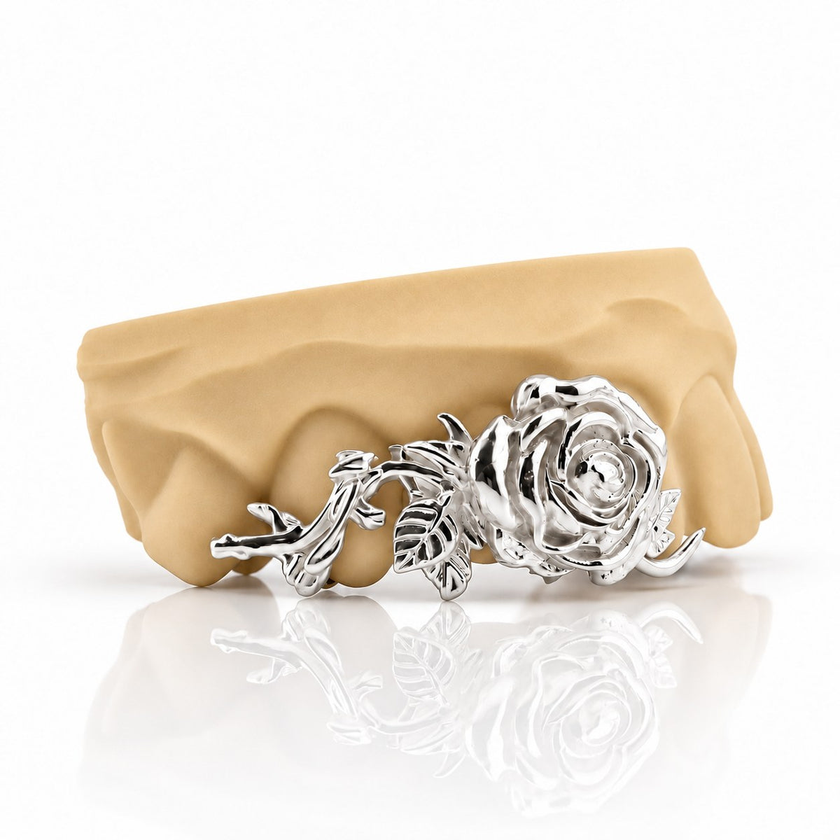 Custom 3pc top grillz with 3D rose and vine design, white 925 sterling silver - angle 2