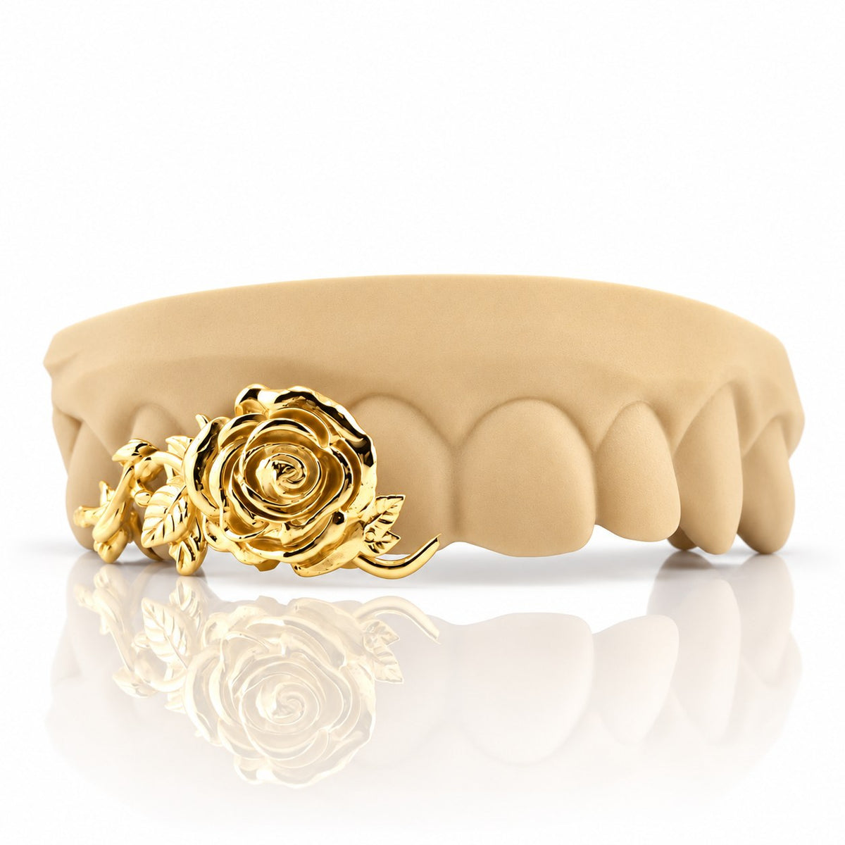 Custom 3pc top grillz with 3D rose and vine design, yellow gold plated 925 silver - angle 3