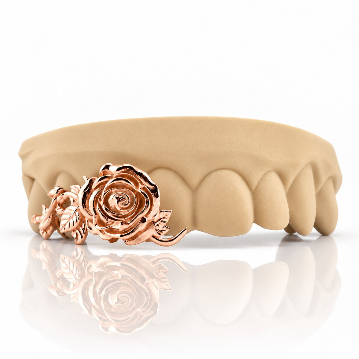 Custom 3pc top grillz with 3D rose and vine design, rose gold plated 925 silver - angle 3