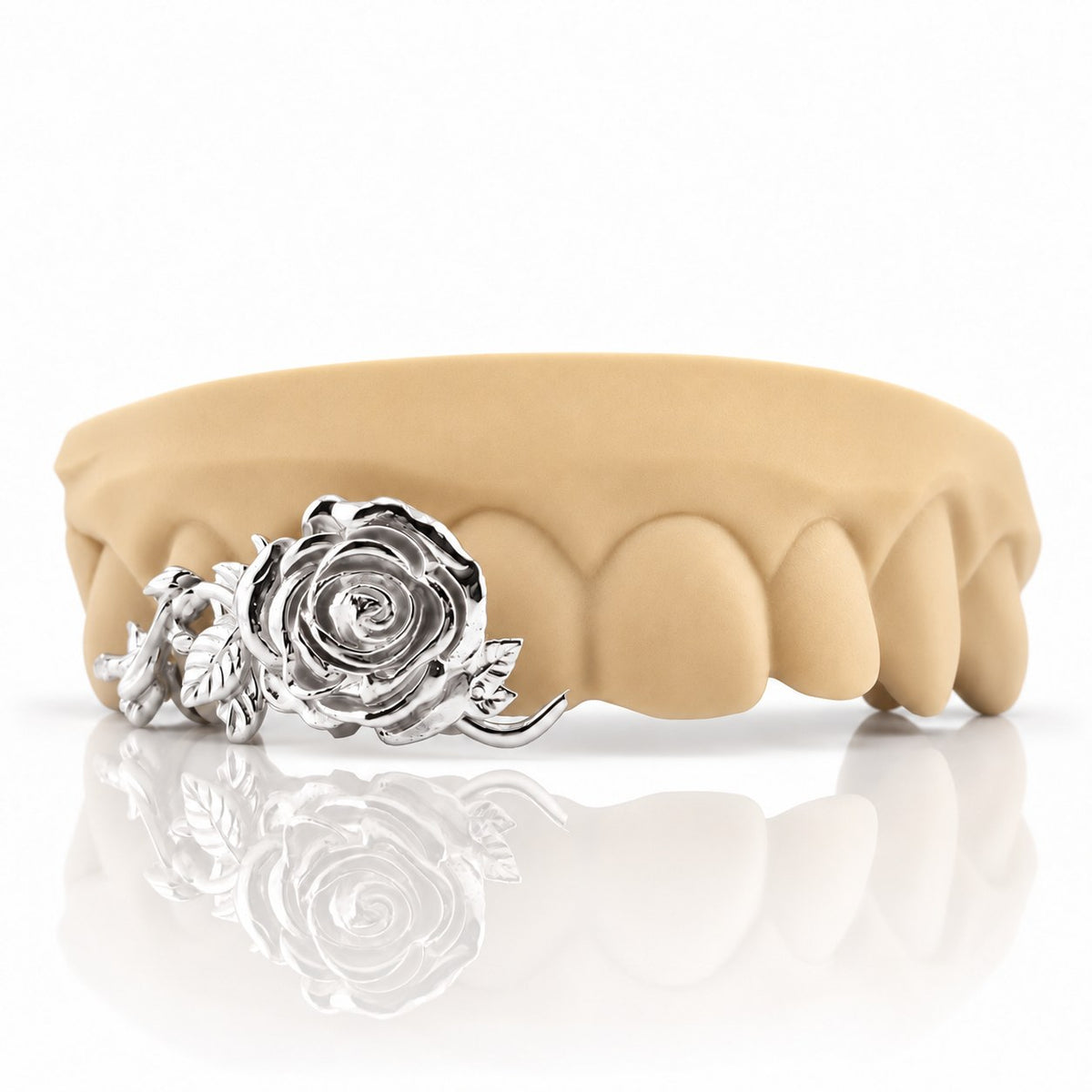 Custom 3pc top grillz with 3D rose and vine design, white 925 sterling silver - angle 3
