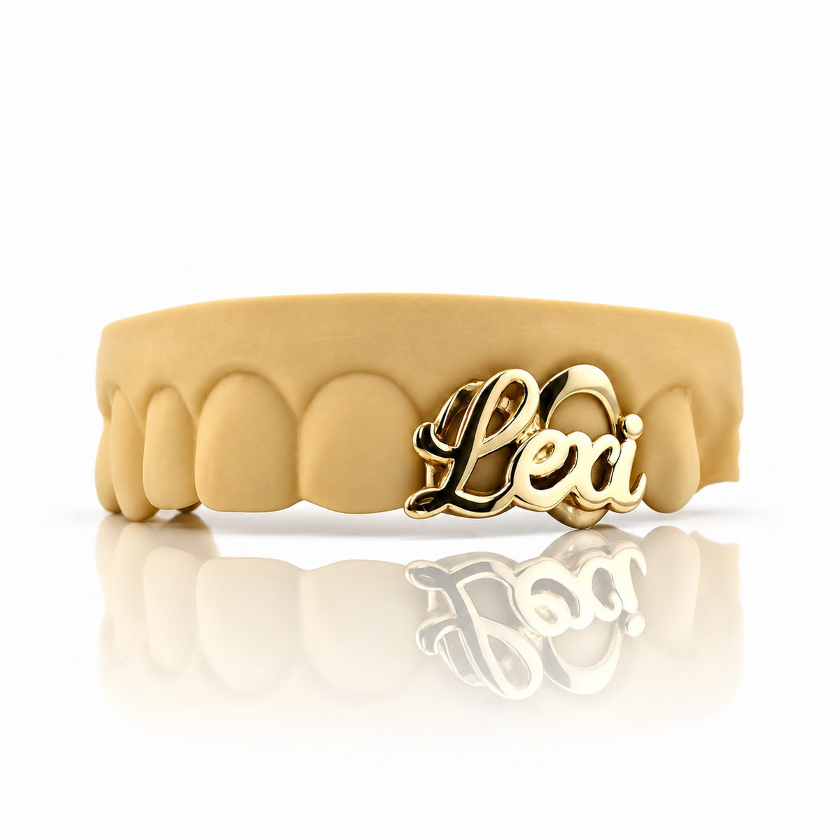 Custom 2pc top grillz with script name and open face, yellow gold plated 925 silver - angle 1