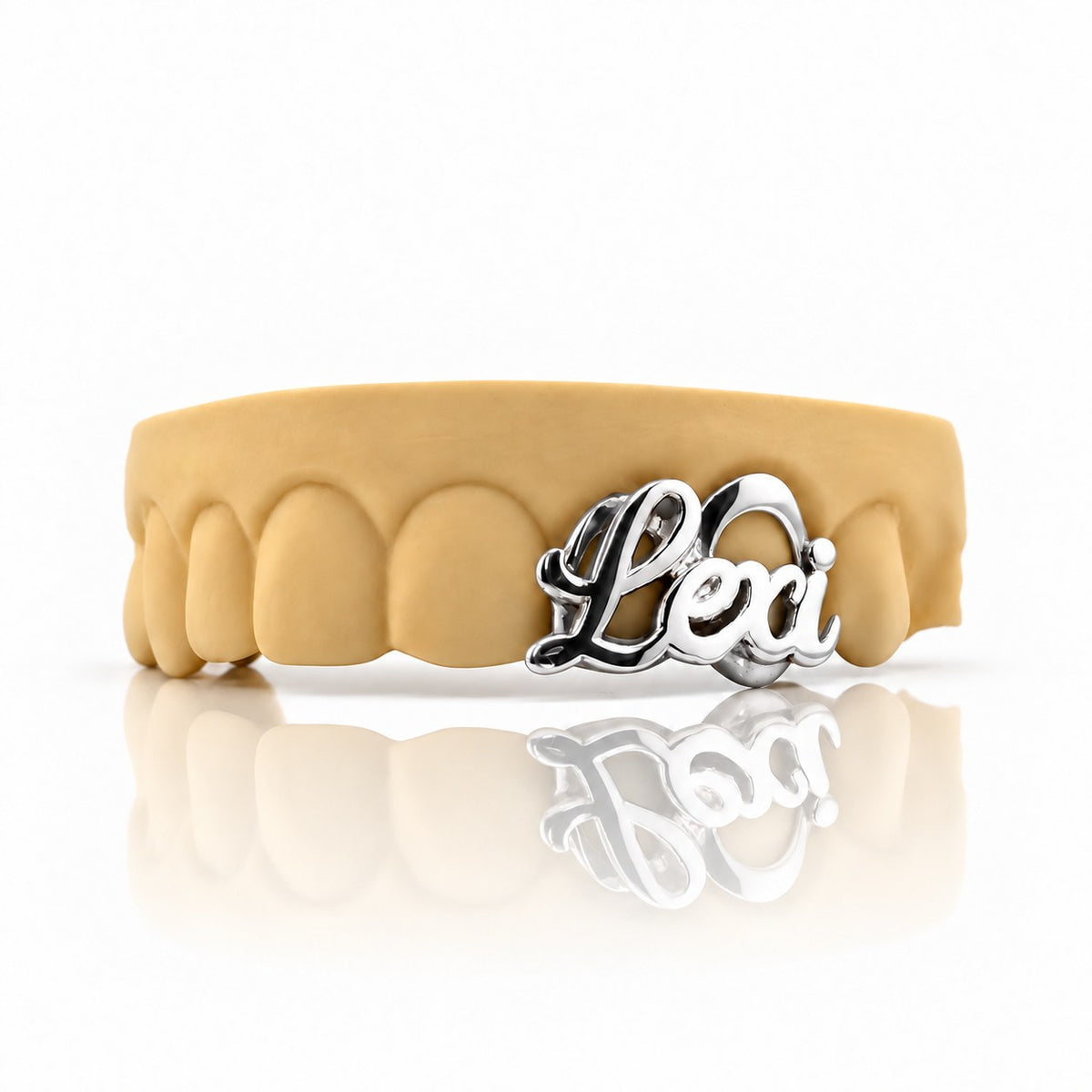 Custom 2pc top grillz with script name and open face, white 925 sterling silver - angle 1