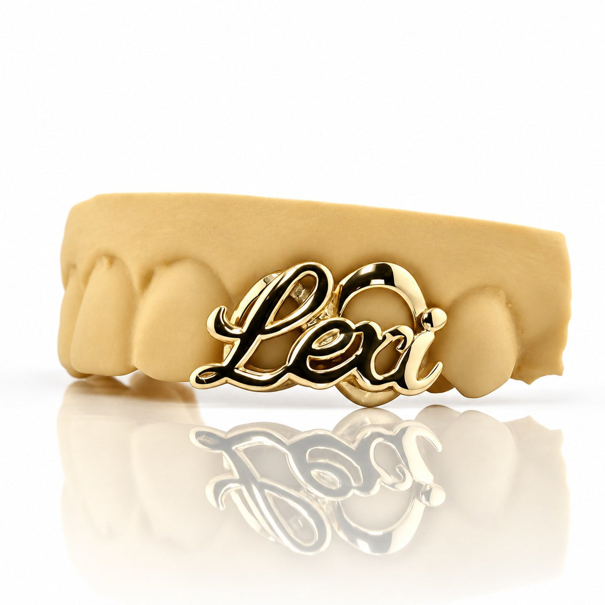 Custom 2pc top grillz with script name and open face, yellow gold plated 925 silver - angle 2