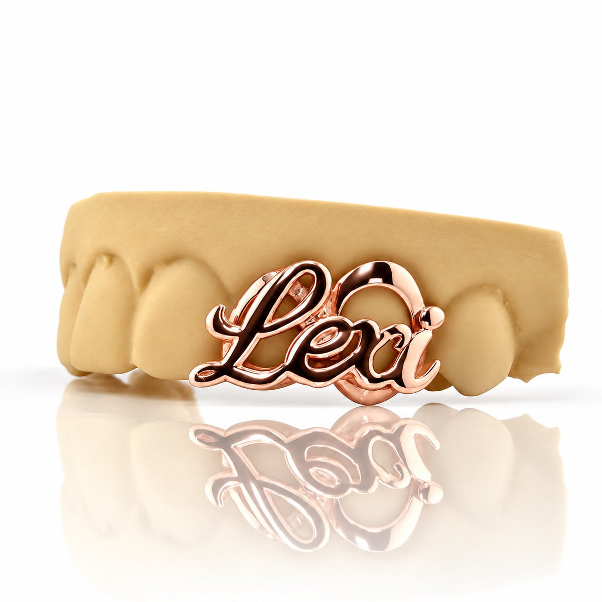 Custom 2pc top grillz with script name and open face, rose gold plated 925 silver - angle 2