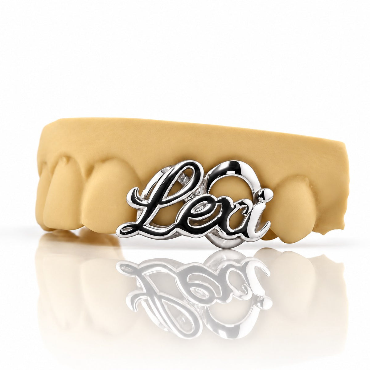Custom 2pc top grillz with script name and open face, white 925 sterling silver - angle 2