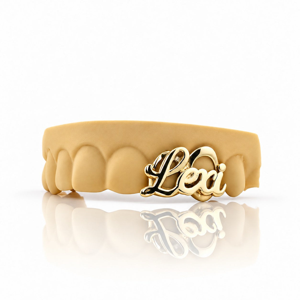Custom 2pc top grillz with script name and open face, yellow gold plated 925 silver - angle 3