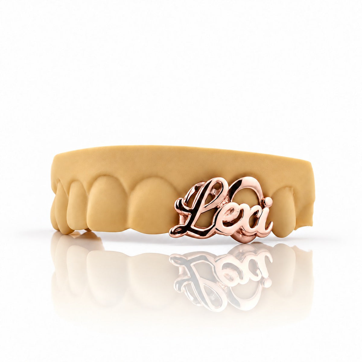 Custom 2pc top grillz with script name and open face, rose gold plated 925 silver - angle 3