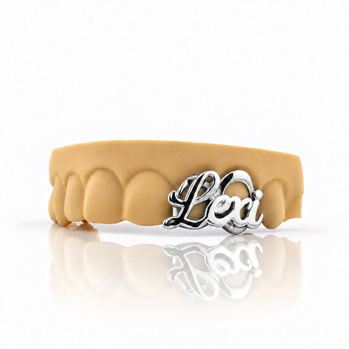 Custom 2pc top grillz with script name and open face, white 925 sterling silver - angle 3