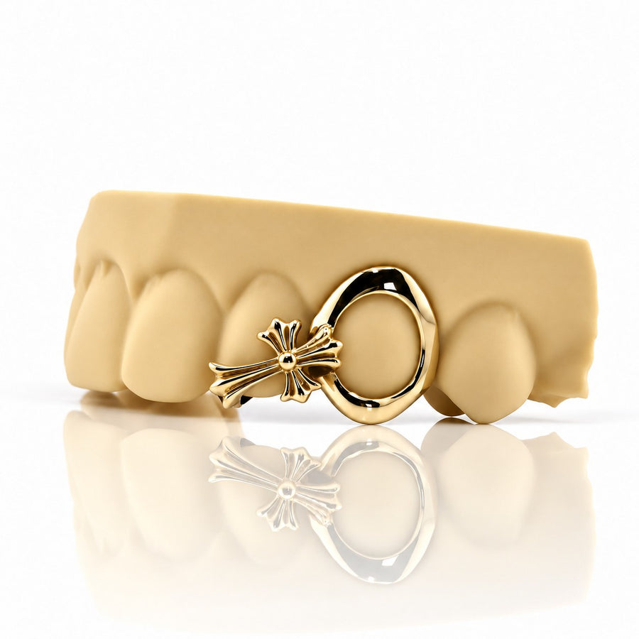 Custom 2pc grillz with sideways gothic cross and open face, yellow gold plated 925 silver - angle 1