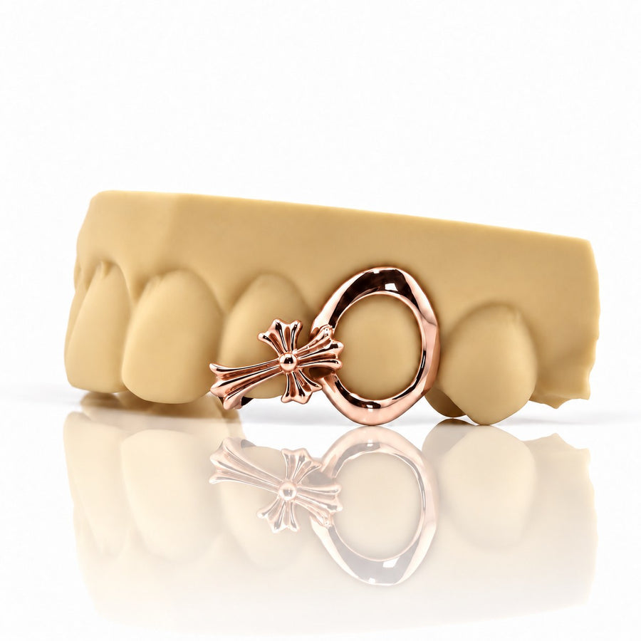 Custom 2pc grillz with sideways gothic cross and open face, rose gold plated 925 silver - angle 1