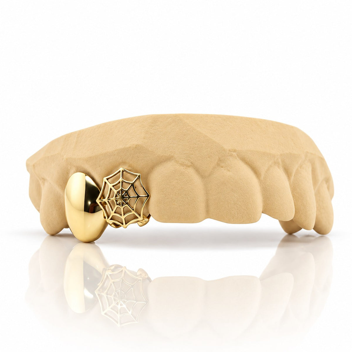 Custom 2pc top grillz with solid cap and spiderweb cutout, yellow gold plated 925 silver - angle 1