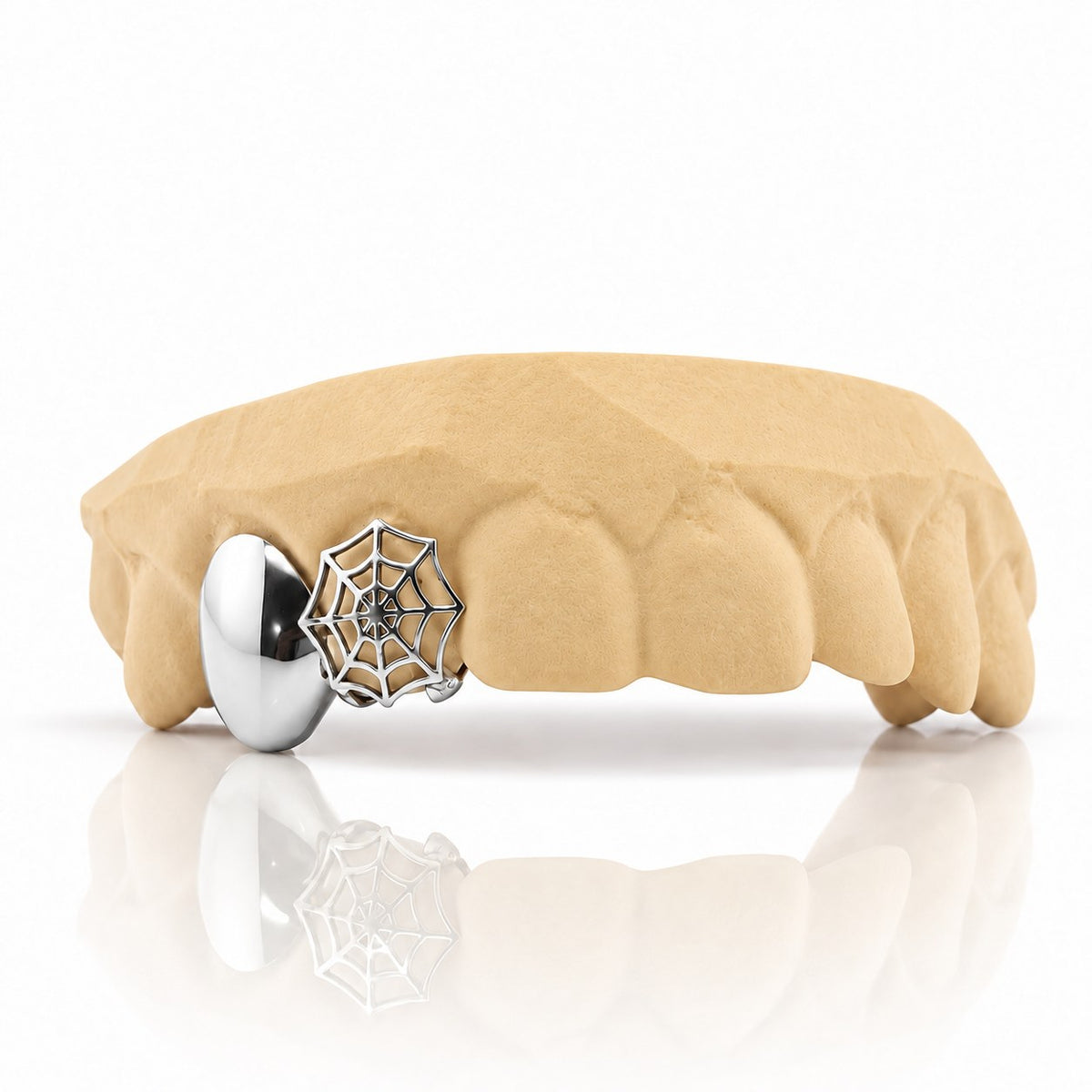 Custom 2pc top grillz with solid cap and spiderweb cutout, white 925 sterling silver - angle 1