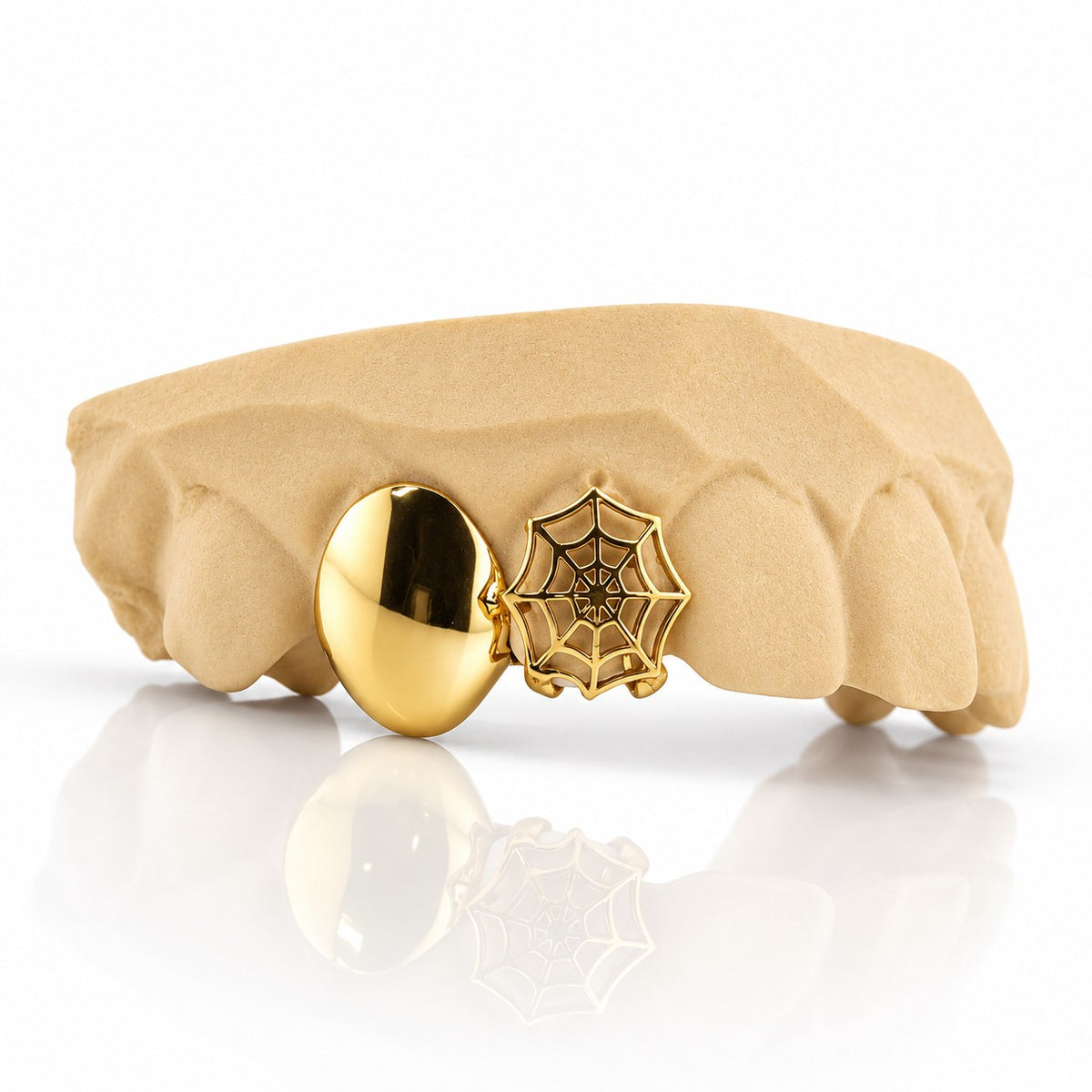 Custom 2pc top grillz with solid cap and spiderweb cutout, yellow gold plated 925 silver - angle 2