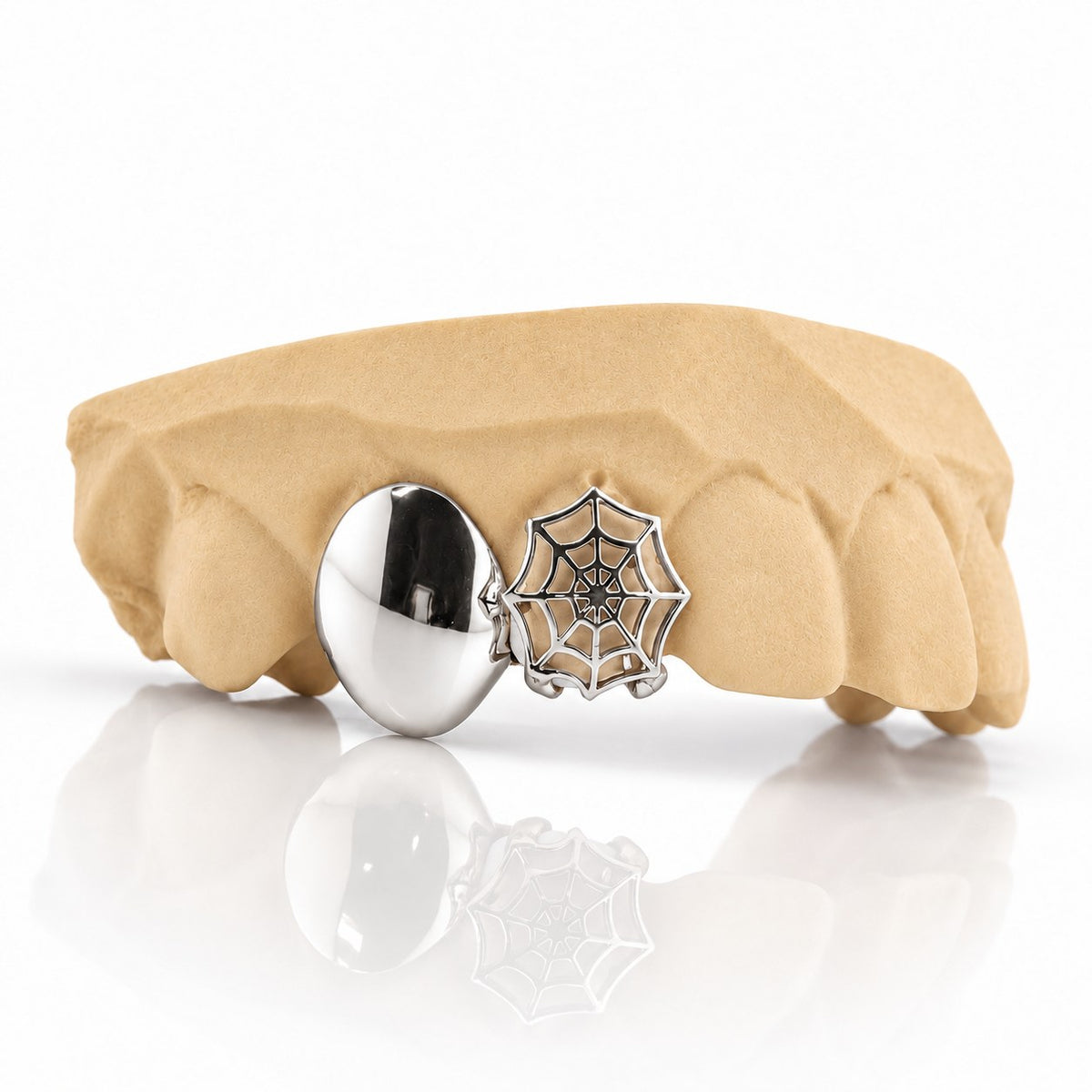 Custom 2pc top grillz with solid cap and spiderweb cutout, white 925 sterling silver - angle 2