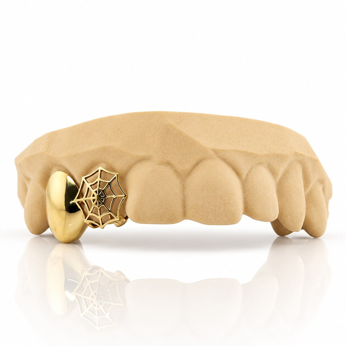 Custom 2pc top grillz with solid cap and spiderweb cutout, yellow gold plated 925 silver - angle 3
