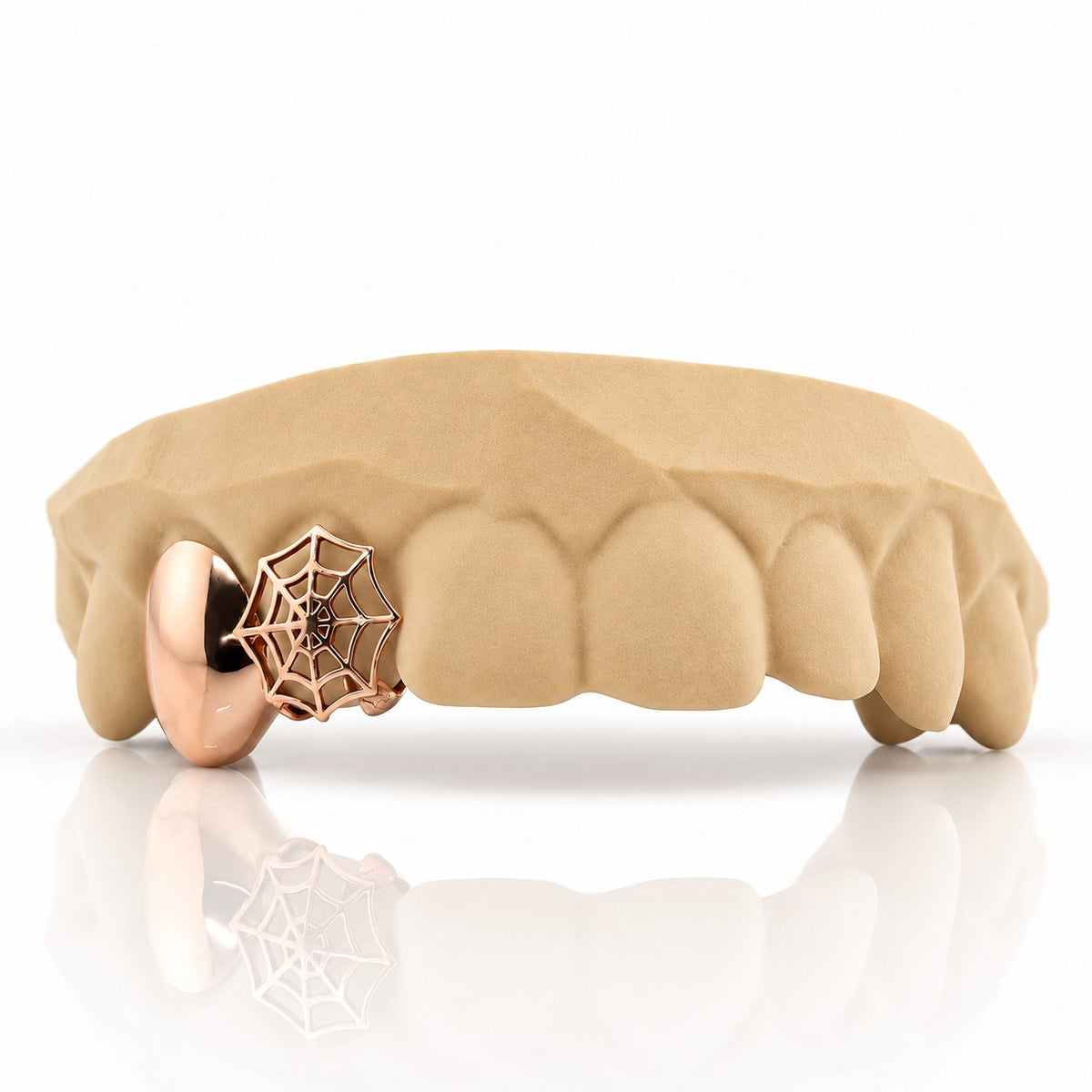 Custom 2pc top grillz with solid cap and spiderweb cutout, rose gold plated 925 silver - angle 3