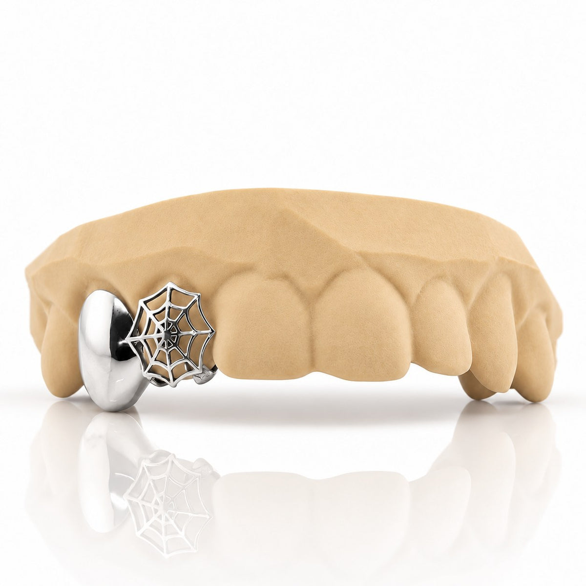 Custom 2pc top grillz with solid cap and spiderweb cutout, white 925 sterling silver - angle 3