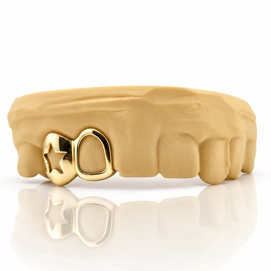 Custom 2pc grillz with star cutout and open face, yellow gold plated 925 silver - angle 1