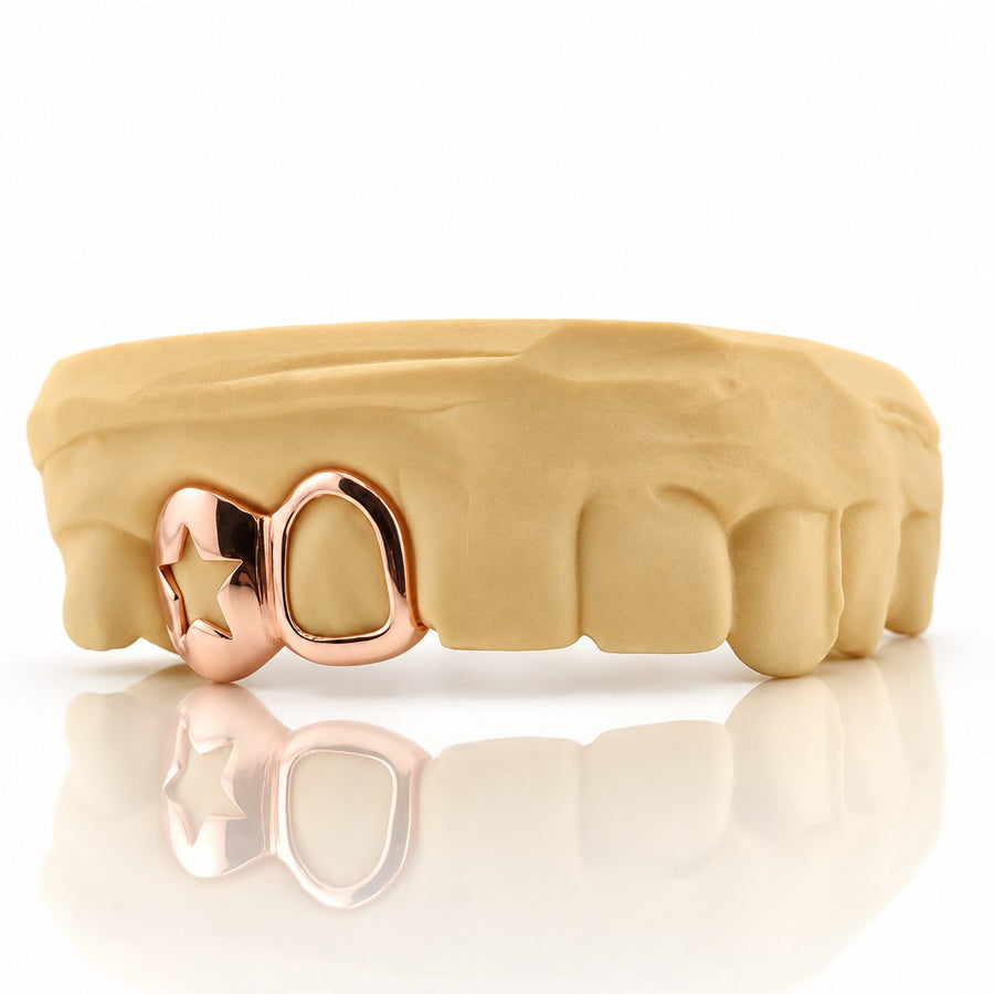 Custom 2pc grillz with star cutout and open face, rose gold plated 925 silver - angle 1