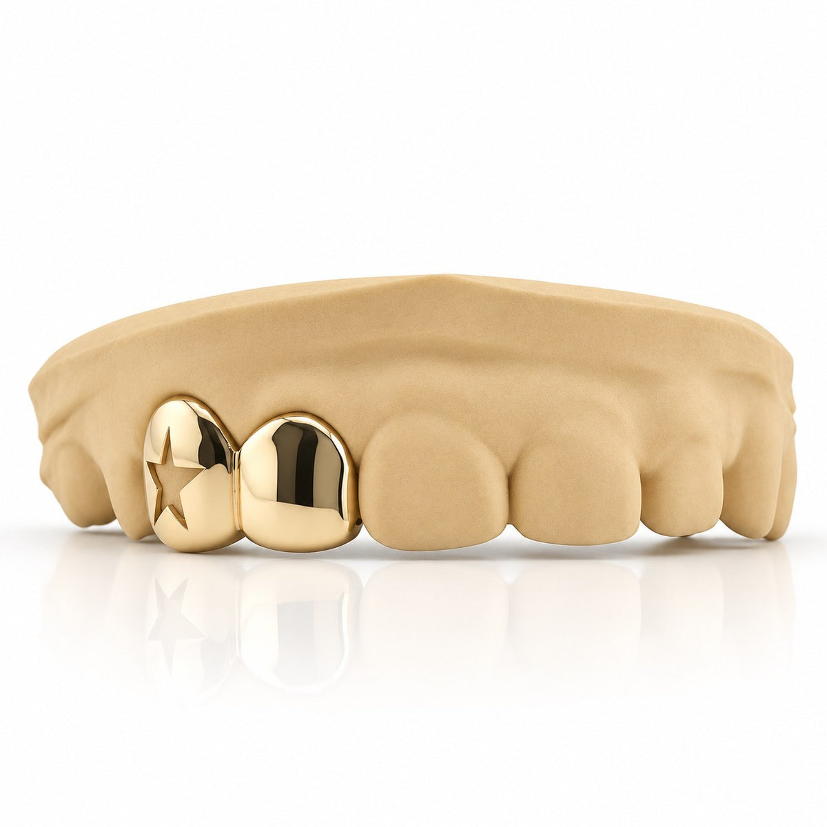 Custom 2pc top grillz with star cutout and solid cap, yellow gold plated 925 silver - angle 1