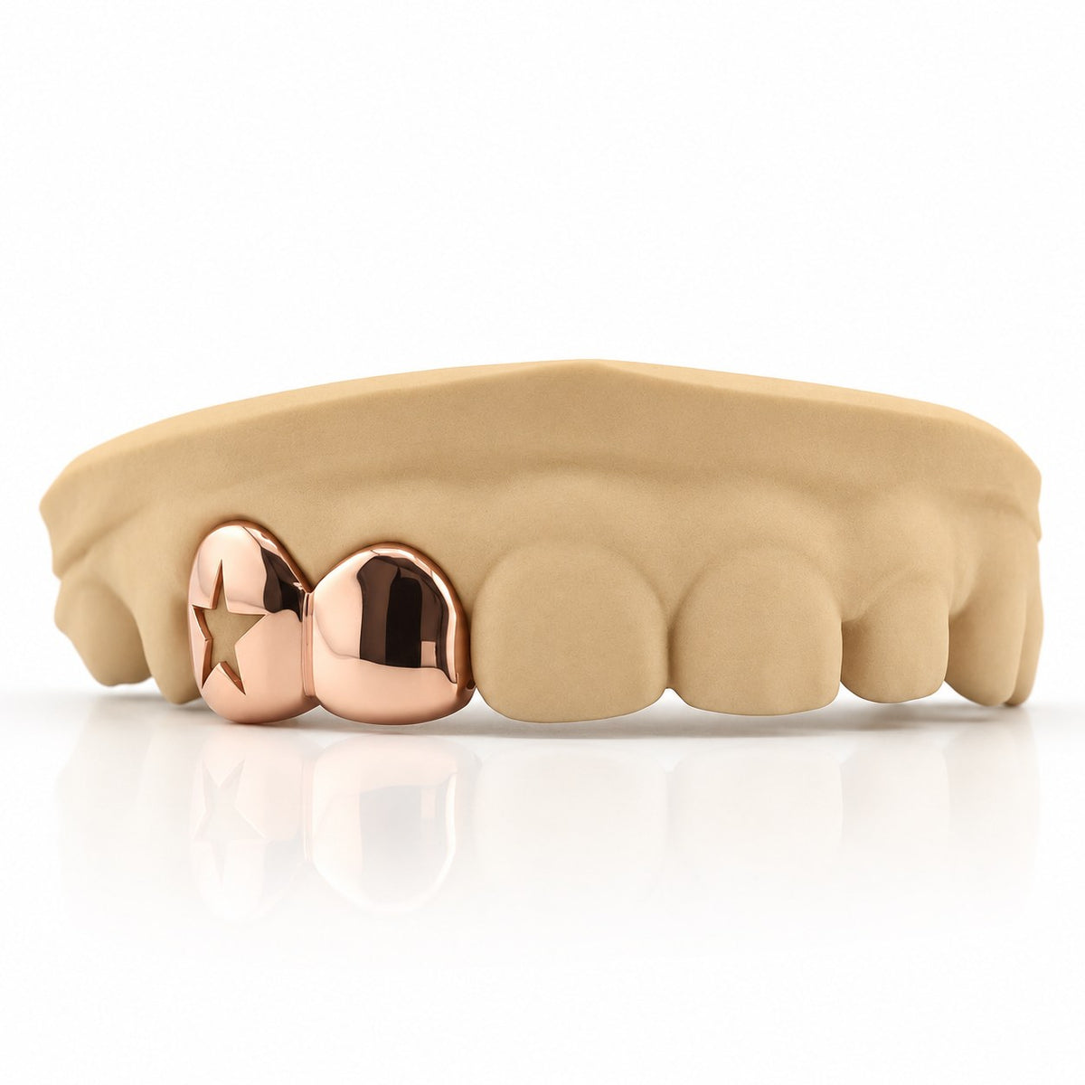 Custom 2pc top grillz with star cutout and solid cap, rose gold plated 925 silver - angle 1