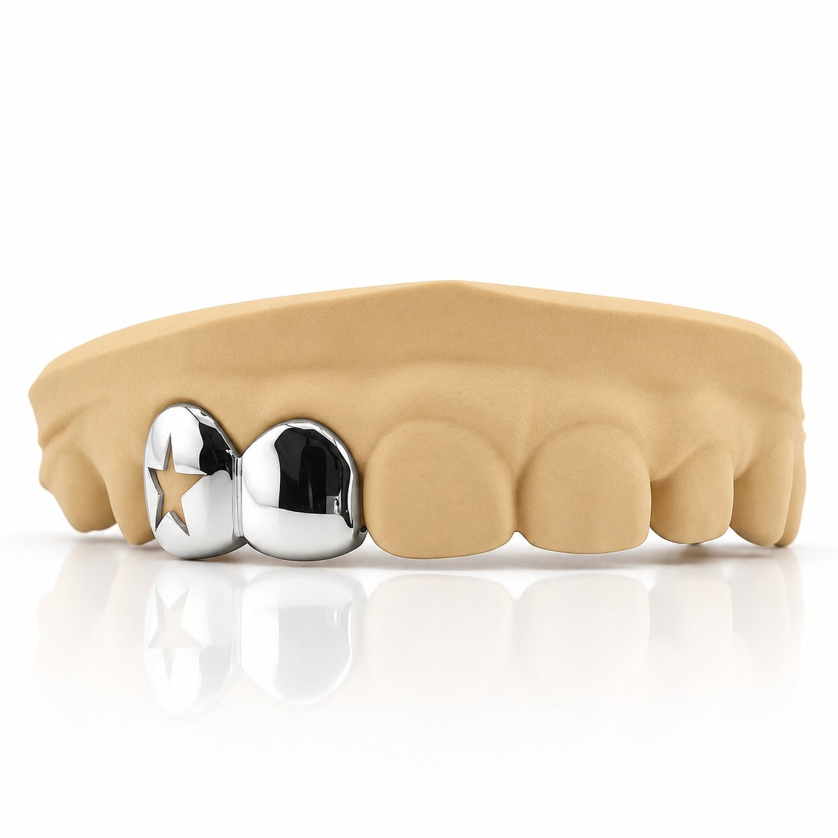 Custom 2pc top grillz with star cutout and solid cap, white 925 sterling silver - angle 1