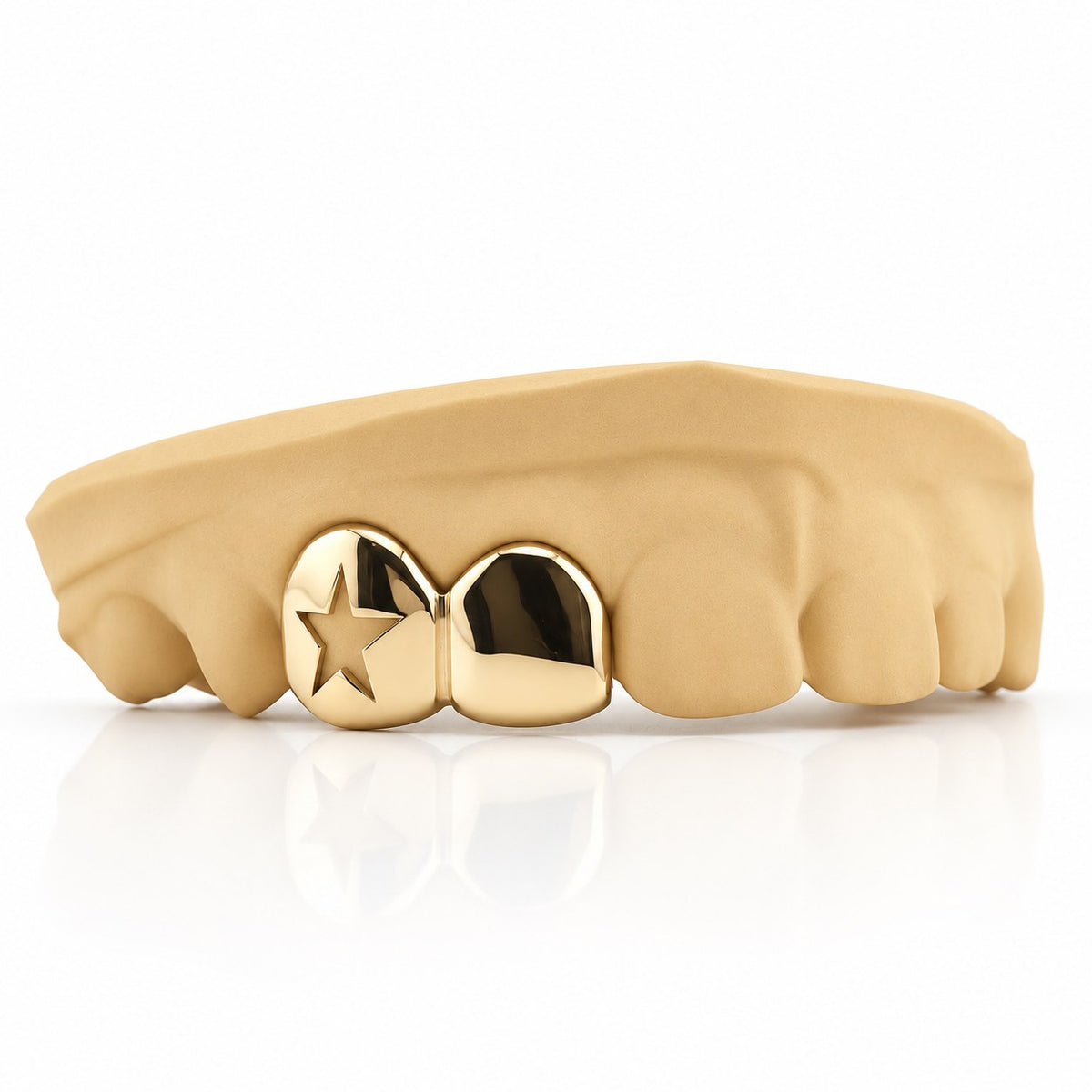 Custom 2pc top grillz with star cutout and solid cap, yellow gold plated 925 silver - angle 2