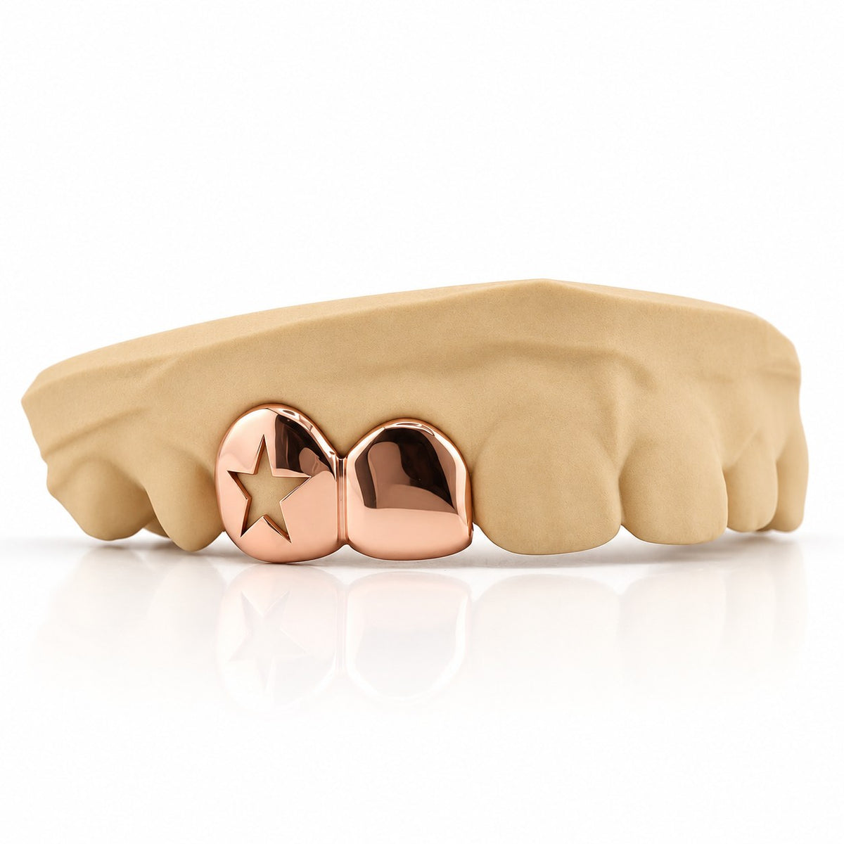 Custom 2pc top grillz with star cutout and solid cap, rose gold plated 925 silver - angle 2
